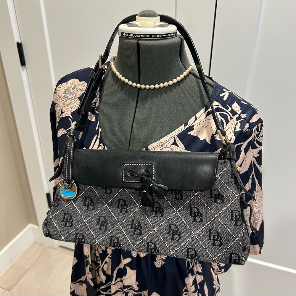 Dooney and Bourke Black and Gray Medium Flap with Tassel shoulder bag